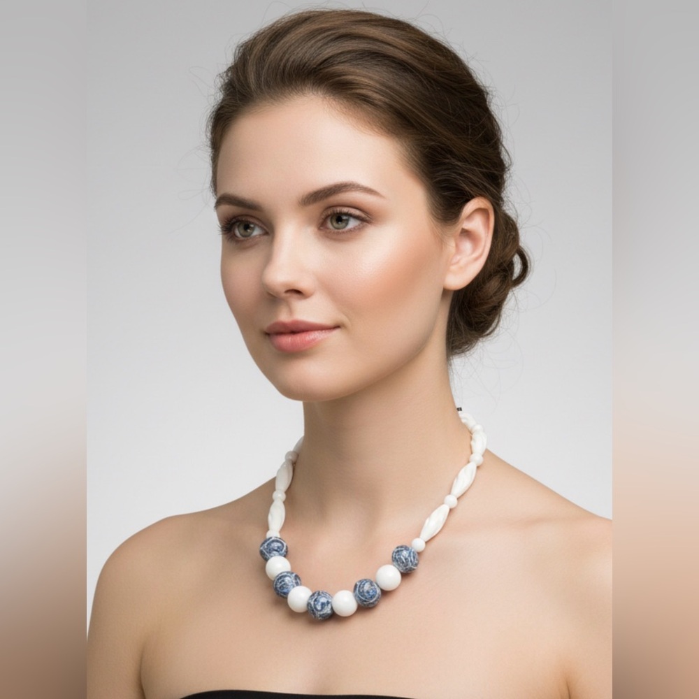 Elegant White Blue Beaded Necklace Statement Jewelry Handmade Strand Necklace